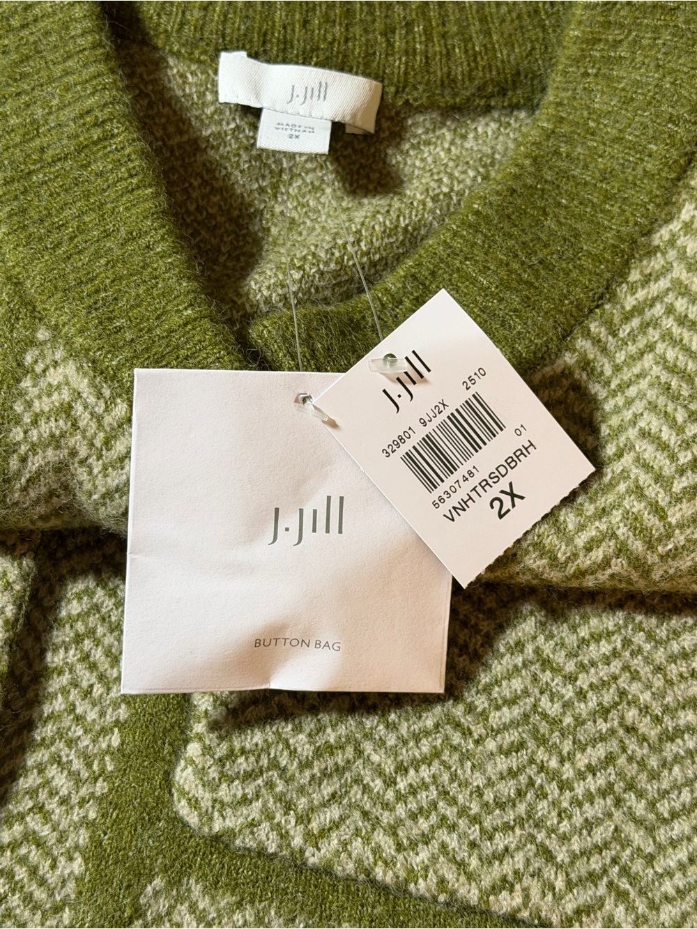 J Jill Cardigan Sweater 2X Green Herringbone Wool Blend Button Front - Picture 10 of 12